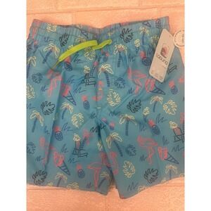 *NEW* Medium 10/12 Laguna Swim Boys Blue Tropical Flamingo Board Shorts UPF 50